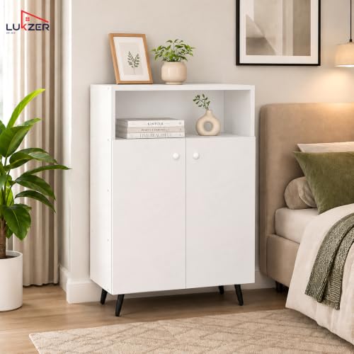 Image of Lukzer Wooden Book Shelf & Storage Cabinet with White Doors (MR-034 /White) Engineered Wood Bookshelf for Home, Bedroom, Office & Kitchen, Multipurpose Books Organizer & Display Rack (90x30x60 cm)