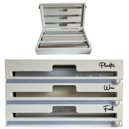 Farmhouse Distressed White Foil and Plastic Wrap Organizer, 3 in 1 Plastic Wrap Dispenser with Cutter, Plastic Wrap, Aluminum Foil Parchment Wax Paper Dispenser for Drawer Wrap Dispenser 13.5"x8"x3.5"