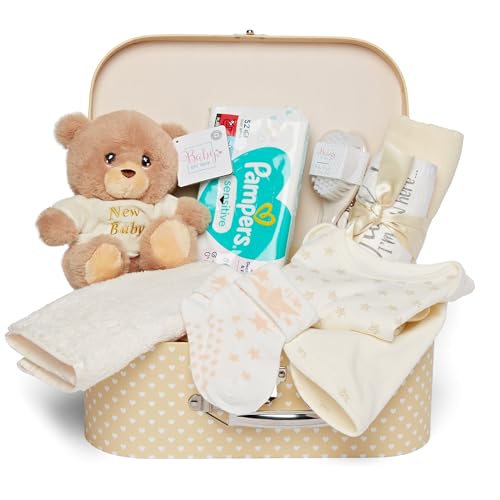 Baby Box Shop – Coffret naissance avec produits Essentiels nouveau-nés Ours en peluche et boite souvenir naissance neutre