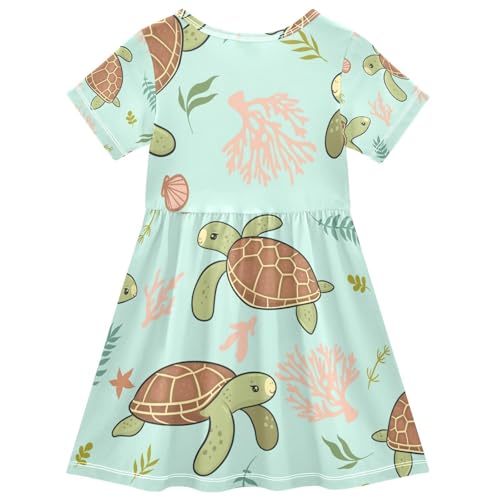 OTVEE Girls Cute Sea Turtles Dresses Swing A-Line Short Sleeve Dresses Casual Clothes,5-6T2
