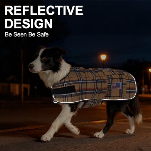Image of BEAUTYZOO Dog Winter Coat for Large Dogs, Waterproof Oxford Canvas Jackets | Warm Fleece Great Dane Sweater, Reflective Cold Weather Coats, Windproof Blanket Clothes for Female Male, Khaki Plaid L