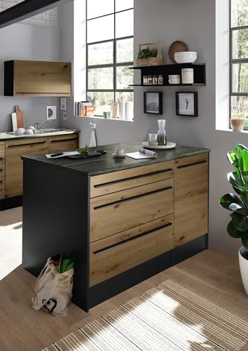möbelando Jazz Moderne Kücheninsel mit Arbeitsplatte freistehend in Artisan Eiche Optik, Anthrazit - Geräumige Kochinsel mit viel Stauraum - 145 x 90 x 90 cm (B/H/T)