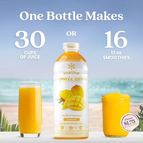 Image of Smartfruit Mellow Mango + Immunity - 100% Real Fruit Puree w /Mango, Banana, Apple, Pineapple - Great for Smoothies, Juice, Yogurt, Cocktails, Tea - High in Vitamin C, Selenium, Zinc - 2-Pk, 48oz Each