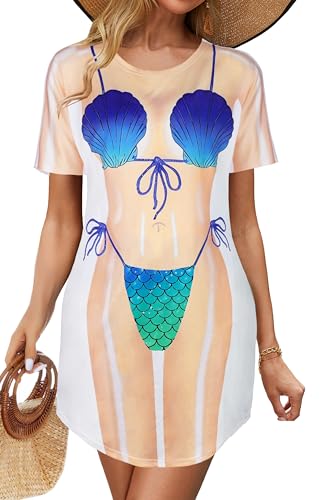 elescat Womens Beach Cover Up Bikini Printed Short Sleeve Tshirt Dress Baggy Cute Coverups(Blue Shell L)