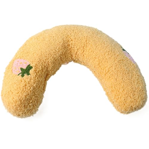 猫枕、柔らかいふわふわハーフドーナツU字型ペット枕、洗える小型犬のクッションパッド、かわいい刺繍パターンイエロー