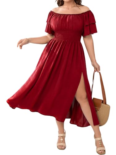 Image of Plus Size Maxi Dress Off The Shoulder Ruffle Smocked Wedding Guest Cocktail Slit Hem Flowy Dresses for Curvy Women