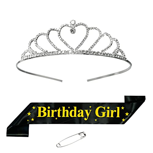 Image of DECOFY 3 Pc Birthday Set | Black Sash Crown Tiara Taj Hairband for Kids Girls Women | Princess Queen Party Dress Up Accessories | Birthday Celebration Decoration Gift Set | Elegant Fancy Royal Look
