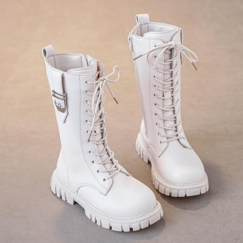 Girls Lace Up Riding Boots Mid Calf Fall Winter Combat Boots Waterproof PU Leather Side Zipper Punk Punk Goth Boot 4-11 Years3