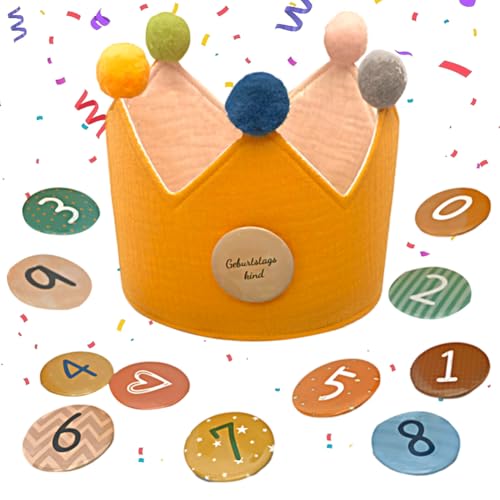 REYOK Corona De Cumpleaños Para Niños,Corona De Cumpleaños De Muselina,Sombrero De Cumpleaños Infantil Amarillo,Corona Cumpleaños Con Números Intercambiables Del 0 Al 9 Para Niños y Niñas