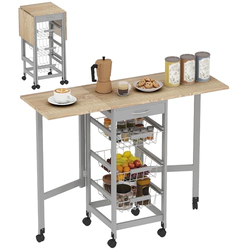 HOMCOM Carrito de Cocina con Alas Plegable, Carrito Auxiliar con Ruedas, Verdulero con Cajón y 3 Cesta de Metal, 97,2x37x77,5 cm, Gris y Roble