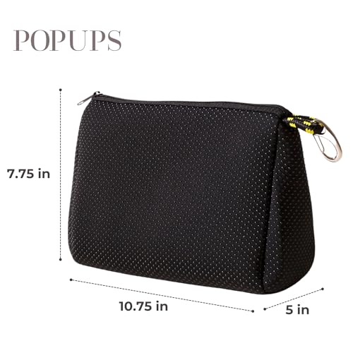 POPUPS Large Makeup Bag with Zipper, Black - Waterproof Neoprene Cosmetic Bag 7.7 x 10.75 x 5 inches3