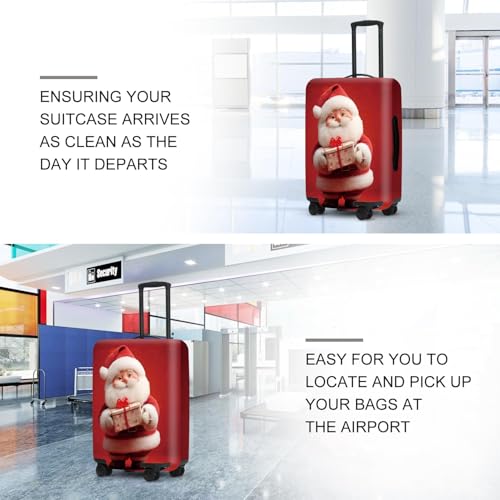 Image of Doll Style Luggage Cover - 3D Santa Holding Present on Red Background, Unique Suitcase Protector for 18 20 22 Inch Bag