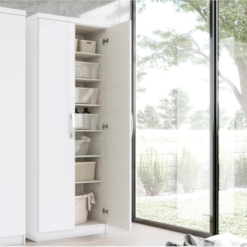 Befara Armario Multifuncional Marga 2 Puertas con 6 Estantes – Blanco 180 cm, Melamina Resistente, Estilo Moderno