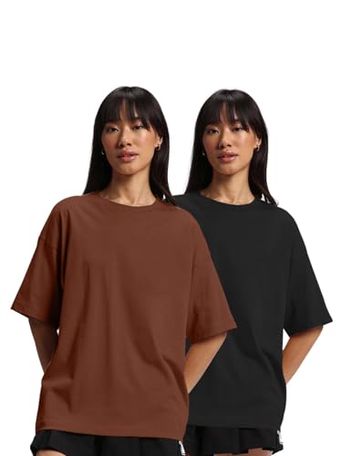 Image of JUNEBERRY Pure Cotton Drop Shoulder Oversized Baggy Fit Half Sleeve Plain Solid Round Neck Multicolor T-Shirt for Women & Girls (Pack of 2) (Sizes S-2XL)