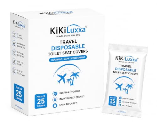 Image of KiKiluxxa Disposable Toilet Seat Covers for Travel, Pack of 25, Individually Wrapped, Waterproof PP Material, Hygienic Portable Toilet Seat Covers for Women, Kids & Adults, Travel Essentials (PP25)