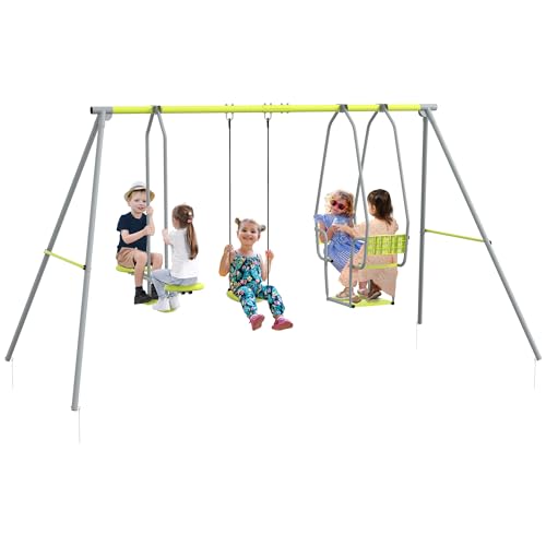 Outsunny Balançoire portique pour Enfant 3 en 1 avec 1 Face à Face et 3 agrès, balançoire de Jardin, Structure en métal, Charge Max. 225 kg, Aire de Jeux...