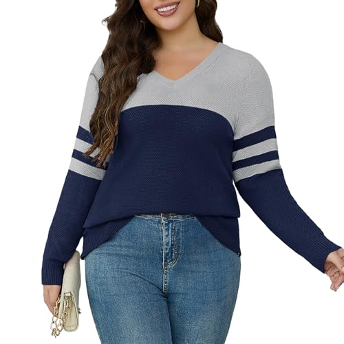 Plus Size Sweaters for Women 2025 Long Sleeve V Neck Color Block Tops Knit Pullover Casual Fall Winter Sweatshirts