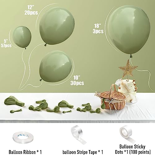 Image of Sage Green Balloons, 113PCS Retro Olive Green Balloon Garland Arch Kit 5 /10 /12 /18 Inch, Different Sizes Eucalyptus Avocado Green Latex Helium Party Balloons Set for Jungle Safari Birthday Decorations