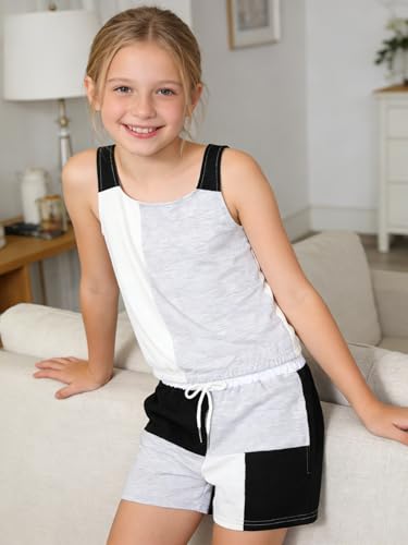 Image of Size 7-14Y Girls Clothes 2 Piece Outfits Striped Tank Top Drawstring Shorts Teen Girls Summer Clothing Sets