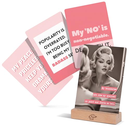 MindMint Badass Affirmation Card for Women - 50 Funny, Sweary Affirmation Cards in Tin Box with Wooden Stand - Motivational & Inspirational Gifts - Unique Birthday Gifts for Women, Best Friend, Sister