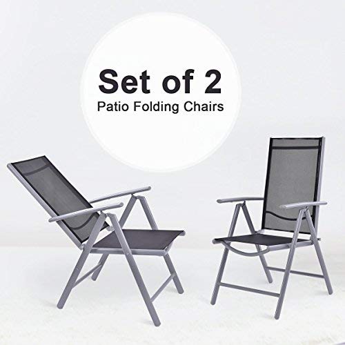 COSTWAY Aluminium Folding Chairs with Armrests, Adjustable Textilene Furniture Seats in 7 Positions, 2 x Reclining Foldable Chairs Set for Dining Patio Garden Indoor Outdoor Camping (2 Chairs, Black)