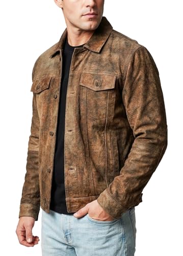 Image of Mens Premium Brown Suede Leather Trucker Jacket - Vintage Classic Motorcycle Western Goat Leather Coat