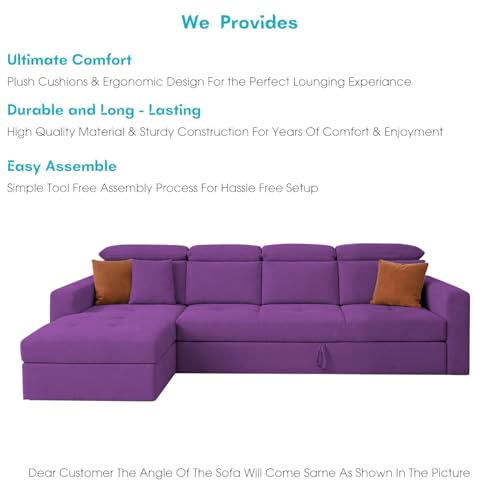Image of Casaliving Gagnon LHS 6 Seater L Shape Corner Sofa Cum Bed for Living Room (Purple Fabric) Premium Fabric Sofa