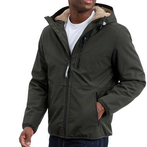 Michael Kors Mens Softshell Jacket with Faux Sherpa Lining, Wind and Water Resistant Jackets for Men, Olive, Large