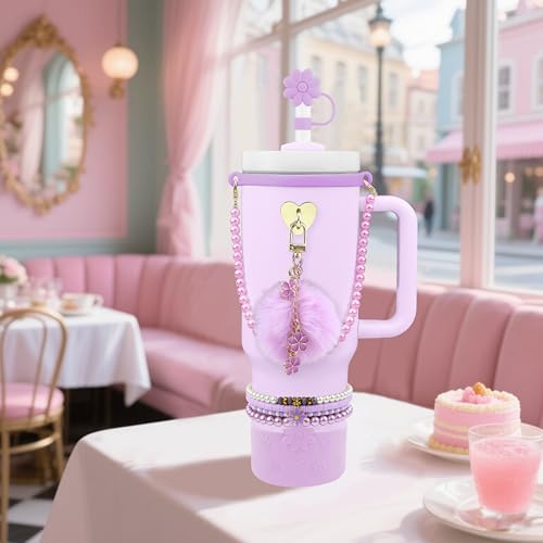 Hpebl 11pcs Cup Accessories for Stanley Cups 40/30oz,Including Straw Topper Cover 10mm(0.4in),Silicone Cup Boot,Handle Strap, Handle Charms for Stanley Cups Tumbler Accessories with Handle (Purple) — view 6