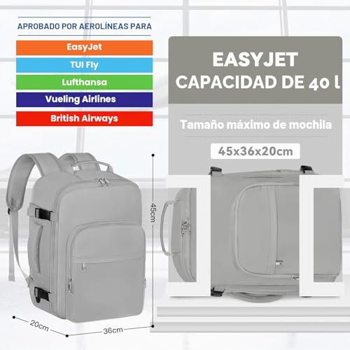 Mochila de Viaje 45x36x20 Easyjet con 40 L y compartimento para portátil 17 pulgadas 2