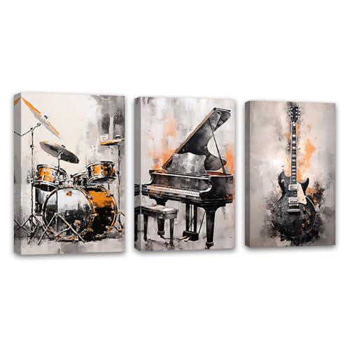ZQQART Musik Leinwand Wandbild 3 Teilig Klavier Gitarre Trommel Bild Drucke Abstrakt Musikinstrumente Gemälde Kunstwerk Musikzimmer Rahmen(Musik...