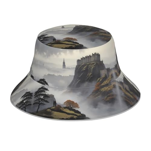 WBQLSL Edinburgh MistReflective Bucket hat, Reversible Printed Visor, Portable Outdoor hat Perfect for Beach Travel, Hiking, and Cycling. Black