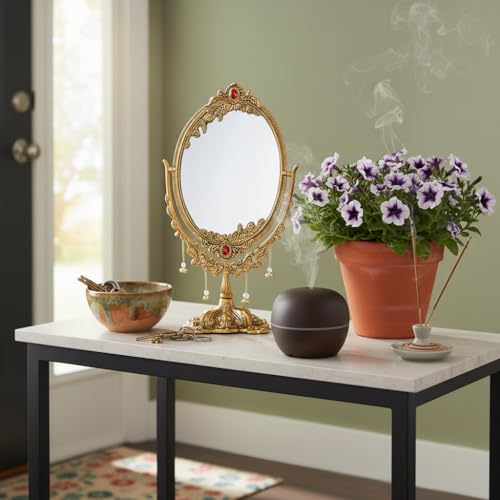 Image of KridayKraft Gold-Plated Double-Sided Oval Metal Table Mirror - Floor-Mounted Unframed Vanity Mirror for Home Decor, Birthday, Anniversary, Wedding & Festive Gifting for Loved Ones