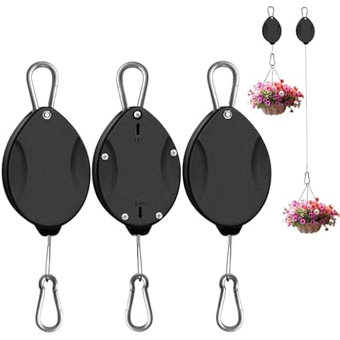 ZUZUAN 3 Pack 2024 Upgraded Heavy Duty Retractable Plant Hanger，Plant Pulleys for Hanging Plants,Easy to Raise and Lower,Auto Lock,Adjustable Hook for Garden Baskets Pots,Birds Feeder,Black Cover