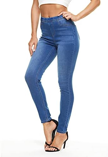 LICTZNEE Jeggings for Women High Waist, Stretchy Jeans Slim Fit Leg Pull on Jean with Pockets, Soft Breathable Cotton Blend, ((Medium Blue, Large)
