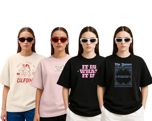 Image of Cotton Blend Oversized Baggy Fit Half Sleeve Printed Round Neck Multicolor Drop Shoulder T-Shirt for Womens & Girls (Pack of 4)