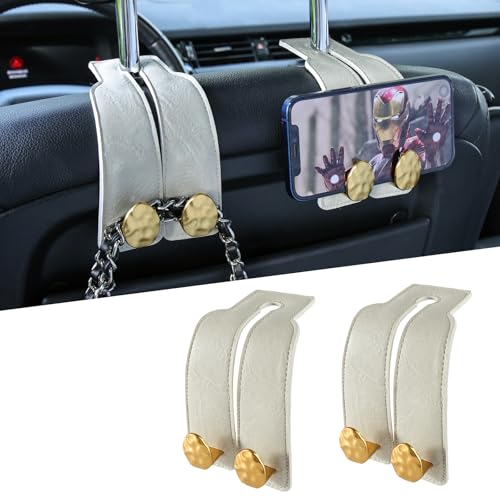 URIZZD 2PCS Leather Car Seat Hooks for Headrest, Vehicle Hanger Storage Organizer Universal for Handbag Purse, Car Accessories Gift (White-Gold)