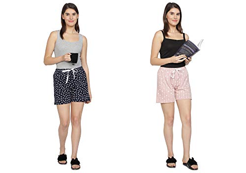 Image of Club A9 Women's Regular Fit Cotton Printed Shorts (Navy Blue, Light Pink)