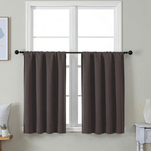 Image of Simplebrand Ava Chocolate Short 36 Inches Blackout Curtain 2 Panels Set, Half Window Rod Pocket Privacy Curtain Tiers for Kitchen, Curtains Blackout for Bathroom Shades, W40 x L36 Inch, Chocolate
