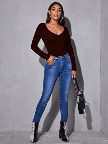 Image of Aahwan Women Cotton Blend Solid V-Neck Full Sleeves Fitted Tee Top
