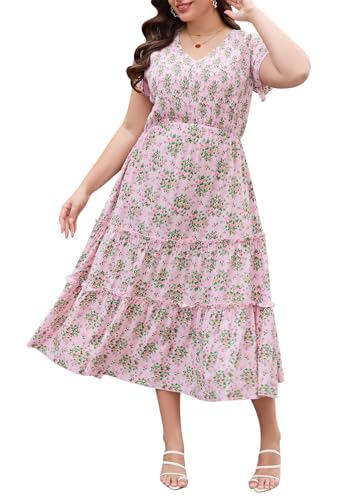 Image of Keluummi Plus Size Wedding Guest Midi Dress for Curvy Women, Summer Casual Boho Floral Empire Waist Party Dress with Pockets