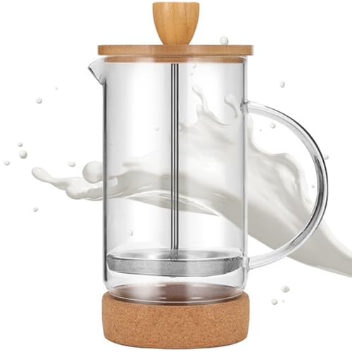 Aipeeo French Press - Espumador de leche manual con tapa de madera, 600 ml, para montar leche y capuchino, ideal para los amantes del café
