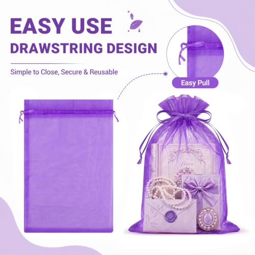 Image of FUNFERY 100PCS Purple Organza Gift Bags 6x9in,Drawstring Pouch for Jewelry