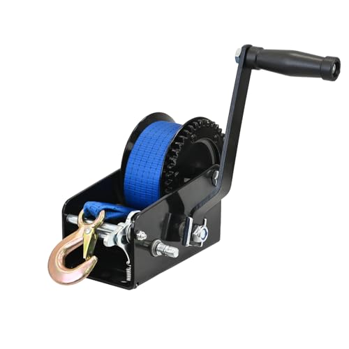 TRUTZHOLM Gurtwinde 1133 kg / 2500 lbs Polyestergurt Gurtlänge 10 m Gurtbreite 5 cm Lasthaken mit Sicherheitsbügel Sperrhebel 23 cm Handkurbel ergonomisch Bootswinde Handwinde