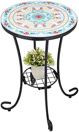 VCUTEKA Outdoor Side Table Mosaic Patio Table Accent Table Mosaic Tile Top Metal Frame Small End Table Porch Beach Patio Garden Balcony Beige 14''