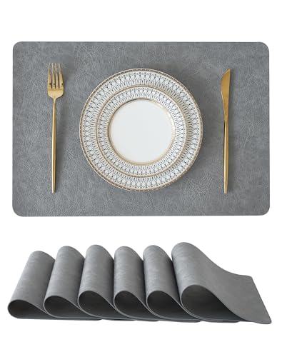 Leetaltree Reversible Faux Leather Placemats Set of 6, 12x17 Inch – Hotel-Quality Heat Resistant & Waterproof Wipeable Table Mats, Non-Slip for Dining Kitchen (Mist Crey, 6 Pack)