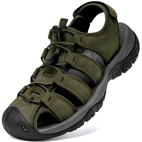 Image of Boveshorn Mens Hiking Sandals Closed Toe Walking Sport Leather Comfortable Waterproof Summer Outdoor Beach Athletic Trail River Fishing Fisherman Military-Green