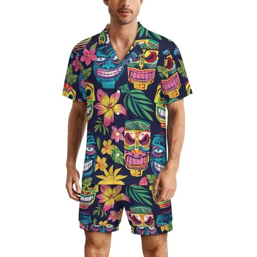 Hawaii Tiki Masks And Florals Mens Pajama Set Short Sleeve Button Down Shirt And Shorts Soft Summer PJs