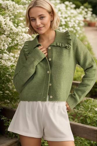 Image of Ythomm Womens Ruffle Collar Cropped Cardigans Button Down Open Front Long Sleeve Knit Sweater Jackets Casual Solid Fall Tops