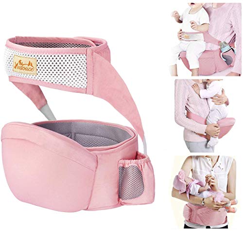 Viedouce Hipseat Marsupio con protezione per cintura di sicurezza,Puro Cotone Leggero e Traspirante,Ergonomico Neonati Marsupio Sicurezza Supporto per Bambino da 6-36 Mesi (Rosa)